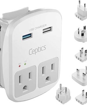 Ceptics World Travel Adapter Kit – QC 3.0 2 USB + 2 US Outlets, Surge Protection, Plugs for Europe, UK, China, Australia, Japan – Perfect for Laptop, Cell Phones, Cameras – Safe ETL Tested