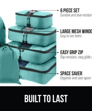 Gorilla Grip 6 Piece Packing Cubes Set, Compression Space Saving Organizers for Suitcases and Luggage, Mesh Window Bags, Travel Essentials for Carry On, Clothes and Shoes, Cube with Zipper, Turquoise