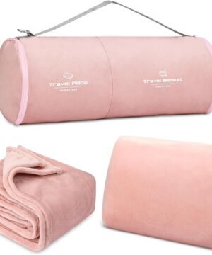 urnexttour Travel Blanket and Pillow Set, Premium Soft Airplane Blanket, Mini Pillow with Packable Luggage Belt, Travel Kit for Sleeping Airplane, Car, Camping (Pink/Rectangle)