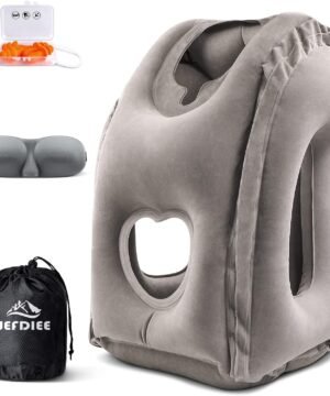 JefDiee Inflatable Travel Pillow, Airplane Neck Pillow Comfortably Supports Head and Chin for Airplanes, Trains, Cars Office Napping on The Tray Table (Grey)