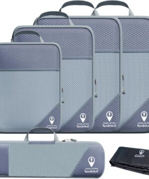 Ways of the Wanderlust 5 Compression Packing Cubes for Travel w/Shoe Bag (6 Piece Set) – Expandable Travel Compression Bags for Packing – Suitcases, Backpack & Luggage Compression Cubes (Grey)