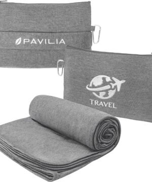 PAVILIA Soft Compact Travel Blanket and Pillow, Foldable Airplane Blanket in Bag, Lightweight Portable Flight Blanket Set with Luggage Strap, Camping Plane Car Home Office Gift Accessories, Gray